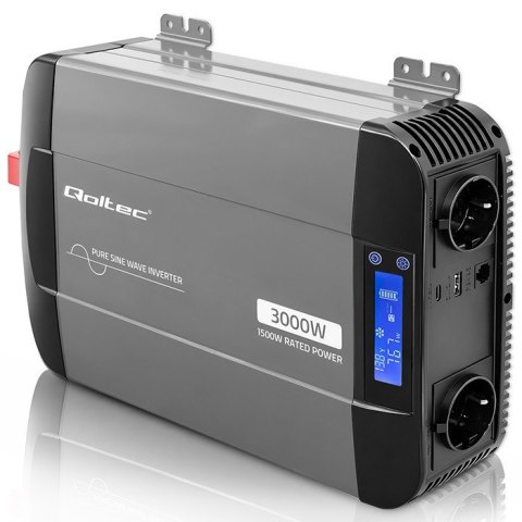 Qoltec Przetwornica napięcia Pure Sine Wave | 12V na 230V | 1500/3000W | LCD | USB | USB-C | Kompatybilna z LiFePO4 GEL AGM