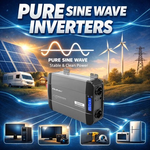 Qoltec Przetwornica napięcia Pure Sine Wave | 12V na 230V | 1500/3000W | LCD | USB | USB-C | Kompatybilna z LiFePO4 GEL AGM