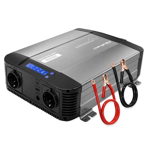Qoltec Przetwornica napięcia Pure Sine Wave | 12V na 230V | 1500/3000W | LCD | USB | USB-C | Kompatybilna z LiFePO4 GEL AGM