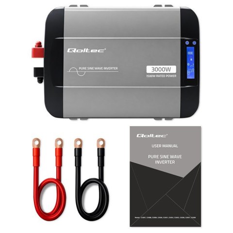 Qoltec Przetwornica napięcia Pure Sine Wave | 12V na 230V | 1500/3000W | LCD | USB | USB-C | Kompatybilna z LiFePO4 GEL AGM