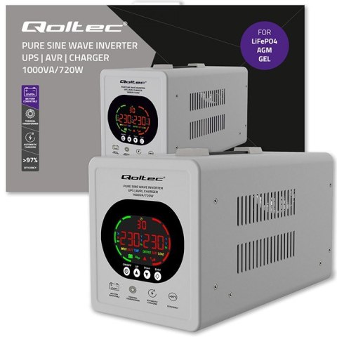 UPS Qoltec 50451 Pure Sine Wave 1000VA/720W Przetwornica 12/230V z AVR | LCD | LiFePO4 AGM GEL
