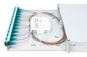 Panel krosowy FO z wyposażeniem 19'' 1U, 12x LC dx, OM3, pigtaile, adaptery, tacki, wysuwany, szary