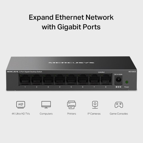 Mercusys Mercusys 8-Port Gigabit Desktop Switch | MS108GS | Unmanaged | Desktop | Gigabit Ethernet (copper) ports quantity 8