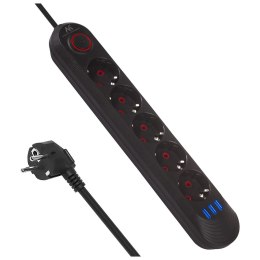 MACLEAN LISTWA ZASILAJĄCA, PRZEDŁUŻACZ5 GNIAZD + 3XUSB, 110-240V AC 50/60HZ, 2.1A MAX 2500W, 1,5M, CZARNA MCE395 B