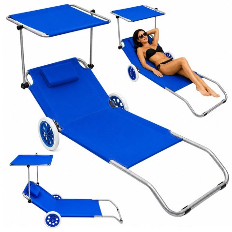 Leżak Plażowy Na Kółkach Ogrodowy Składany Z Daszkiem Aluminiowy Niebieski