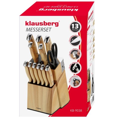 Zestaw noży 13 el. z ostrzałką i stojakiem, stal nierdzewna, klausberg, kb-9038