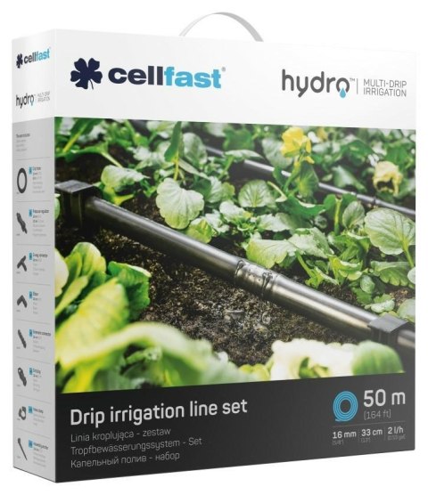 Linia kroplująca Cellfast HYDRO 19-060 (zestaw: Wąż kroplujący - 50 m Reduktor ciśnienia - 1szt. Dwójnik - 4 szt. Kolano - 4 szt