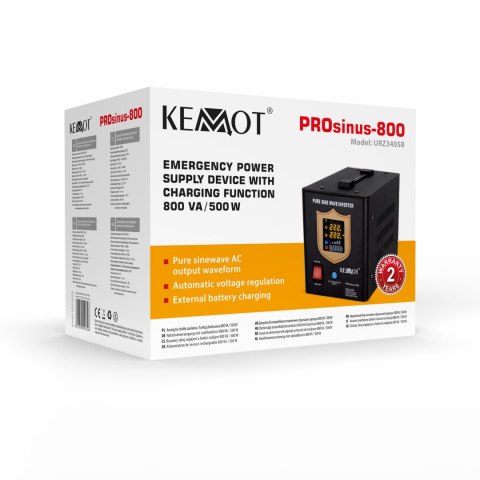 Zasilacz awaryjny KEMOT PROsinus-800 przetwornica z czystym przebiegiem sinusoidalnym i funkcją ładowania 12V 230V 800VA/500W - 