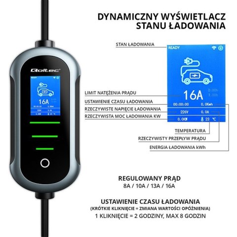 Qoltec Mobilna ładowarka do samochodu elektrycznego EV z regulacją 2w1 Typ2 | 3.5kW | 230V | SCHUKO 16A | Wi-fi | TUYA | SMART L