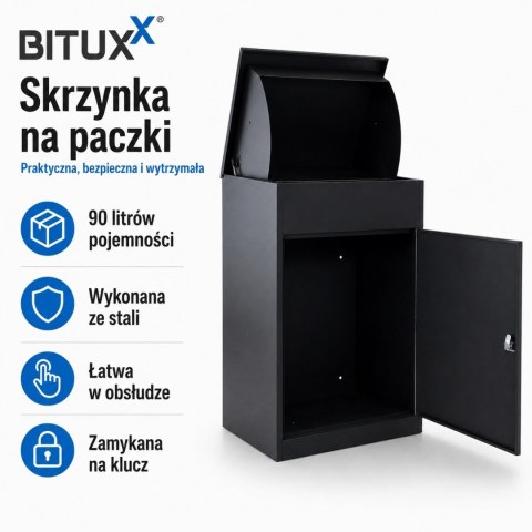 Skrzynka na paczki BITUX 90L stalowa zamykana czarna wodoodporna 53x41x76,5