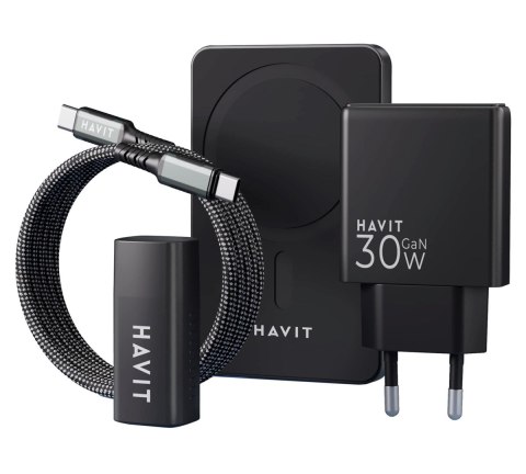 Zestaw do ładowania Havit: Power Bank PB5216 5000 mAh, magnetyczny kabel USB-C do USB-C i ultra cienka ładowarka UC128 o mocy 30