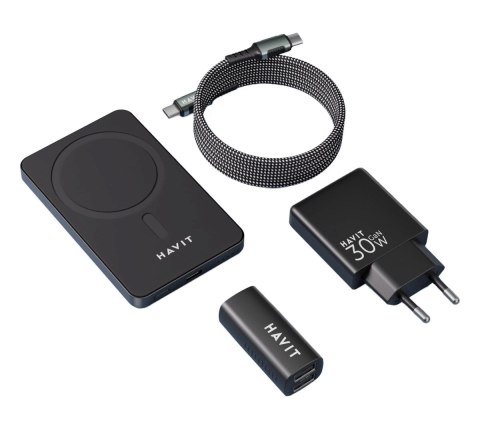Zestaw do ładowania Havit: Power Bank PB5216 5000 mAh, magnetyczny kabel USB-C do USB-C i ultra cienka ładowarka UC128 o mocy 30