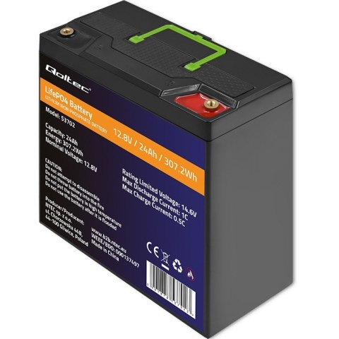 QOLTEC AKUMULATOR LIFEPO4 LITOWO-ŻELAZOWO-FOSFORANOWY | 12.8V | 24AH | 307.2WH | BMS