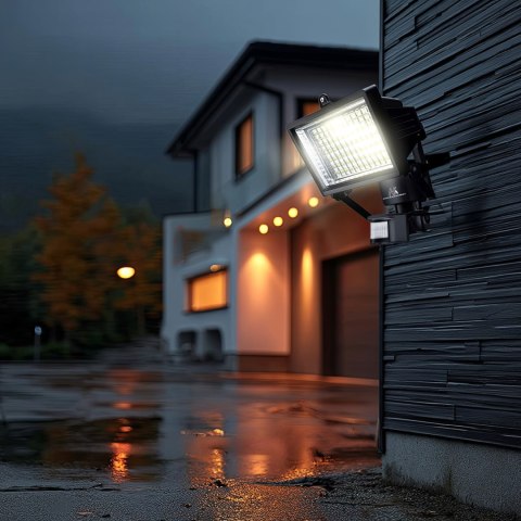 Solarny naświetlacz LED z czujnikiem ruchu Maclean Energy IP44, 6W, 360lm, 6000K zimna biała, akumulator Li-ion 2400 mAh, 5,5V D