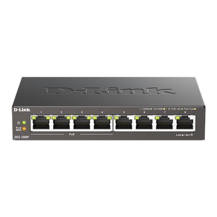 D-Link D-Link | 8-portowy przełącznik Gigabit PoE (4xPoE) | DGS-1008P | Niezarządzany | Desktop | Typ zasilania Zewnętrzny