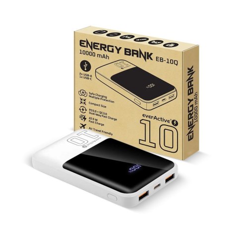 EVERACTIVE POWERBANK 10 000MAH, 2X USB, 1X USB-C 22,5W, QC4+, WYŚWIETLACZ LCD, BIAŁY EB-10Q