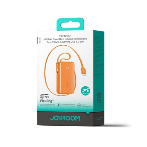 Powerbank 10000mAh z wbudowanymi kablami USB-C iPhone Lightning 35W - pomarańczowy