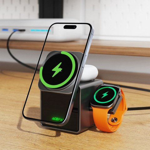 Ładowarka indukcyjna 3w1 na smartfon słuchawki smartwatch z kablem 22.5W - szara