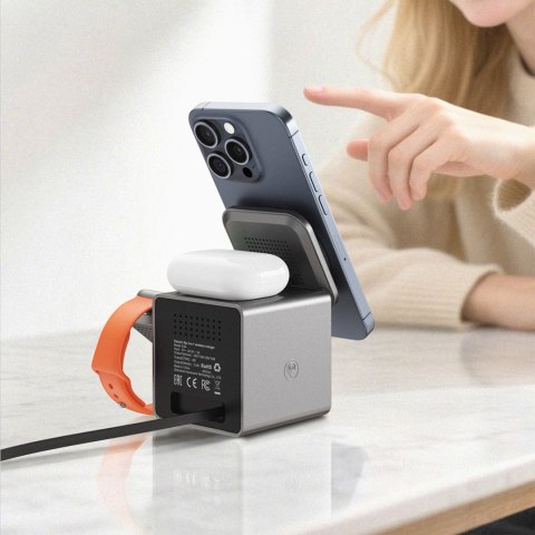 Ładowarka indukcyjna 3w1 na smartfon słuchawki smartwatch z kablem 22.5W - szara
