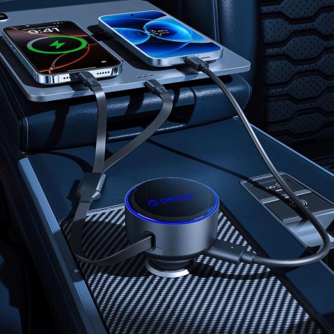Ładowarka samochodowa USB-C 60 W ze zwijanymi kablami USB-C iPhone Lightning - czarna