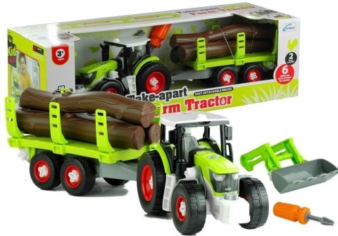 ND24_3385 Rozkręcany Traktor z Przyczepą z Drewnem 43 cm NASZEDZIECI