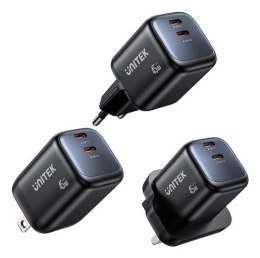 UNITEK ŁADOW. SIECIOWA 2X GAN 45W, 2XUSB-C PD 3.0, QC, CZARNA