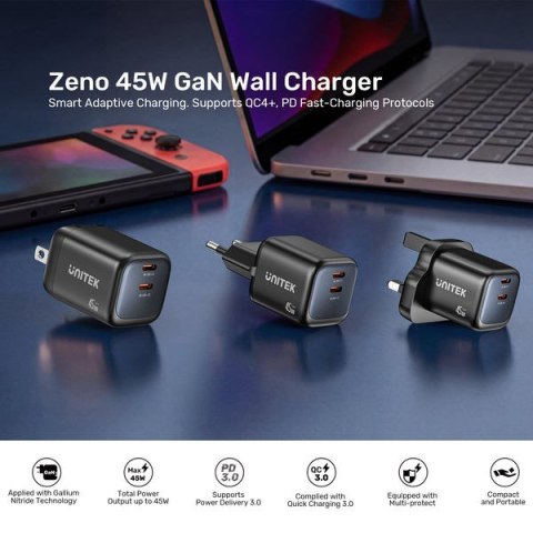 UNITEK ŁADOW. SIECIOWA 2X GAN 45W, 2XUSB-C PD 3.0, QC, CZARNA