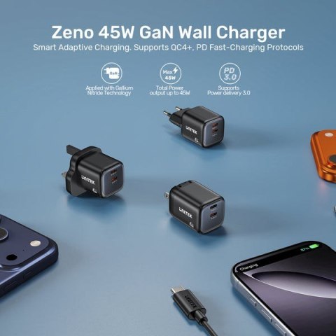 UNITEK ŁADOW. SIECIOWA 2X GAN 45W, 2XUSB-C PD 3.0, QC, CZARNA