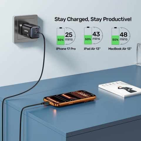 UNITEK ŁADOW. SIECIOWA 2X GAN 45W, 2XUSB-C PD 3.0, QC, CZARNA