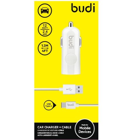 ND38_BD062T Budi - Ładowarka samochodowa USB + kabel USB-C (Biały) BUDI
