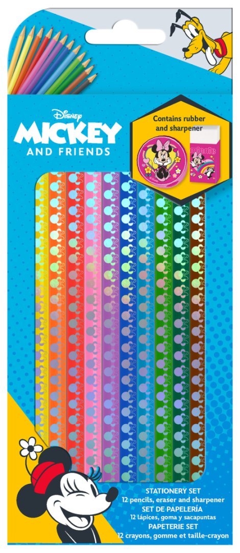 ND19_KE-WD21724 Zestaw kredek 12 kolorów + temperówka + gumka - Myszka Minnie MINNIE