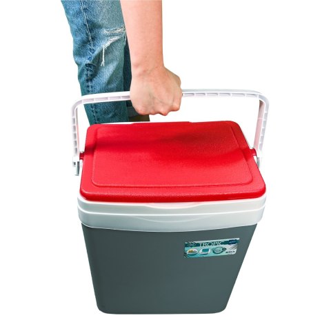 Lodówka turystyczna 25L KAMAI TROPIC na wkłady mrożące, szara z czerwoną pokrywą i białą rączką