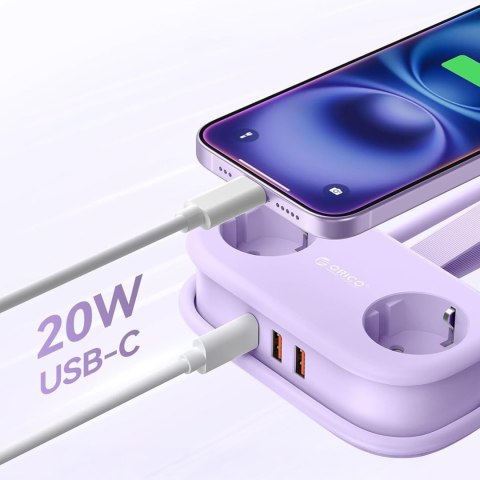 Listwa zasilająca 5w1 AC USB-A USB-C GaN 20W - fioletowa