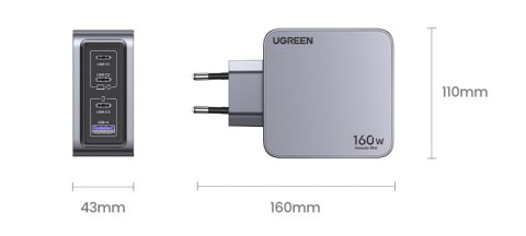 Ugreen Nexode Pro 160W GaN Charger with USB-C Cable Uniwersalne Czarny, Szary Prąd przemienny Szybkie ładowanie Wewnętrzna