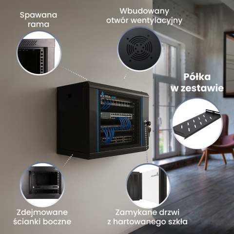 Extralink LITE 6U 530X400 WALL-MOUNTED RACKMOUNT CABINET BLACK Stojak wolnostojący/ścienny/podłogowy Czarny