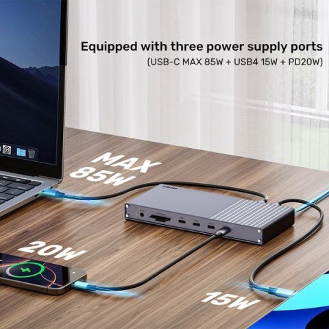UNITEK D1117AGY01-EU stacja dokująca Przewodowy i Bezprzewodowy USB4 Szary