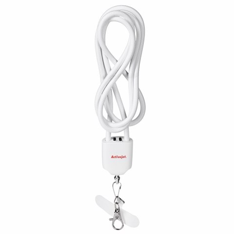 Activejet smycz z przewodem do ładowania 3w1 biała. Końcówki z różnymi złączami: USB-C, Adapter Lightning, USB-A.