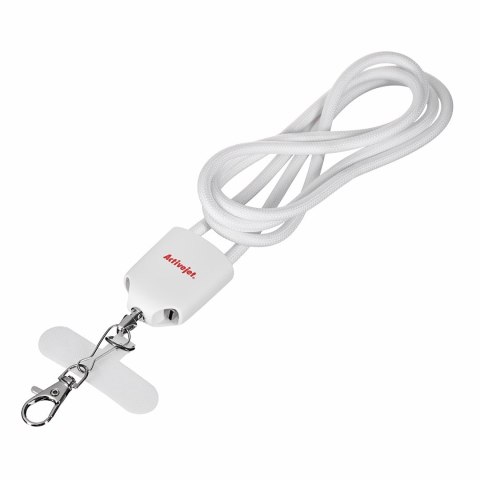 Activejet smycz z przewodem do ładowania 3w1 biała. Końcówki z różnymi złączami: USB-C, Adapter Lightning, USB-A.