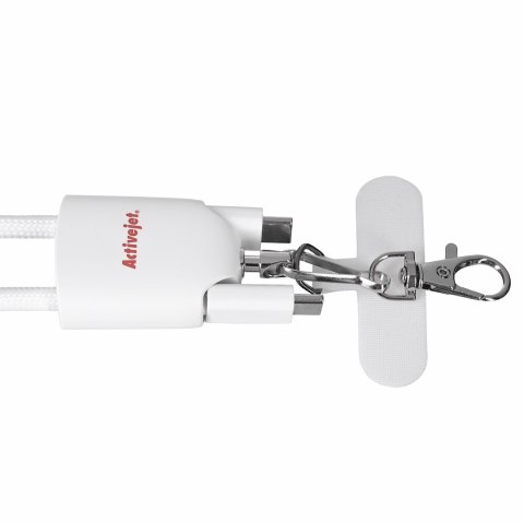 Activejet smycz z przewodem do ładowania 3w1 biała. Końcówki z różnymi złączami: USB-C, Adapter Lightning, USB-A.