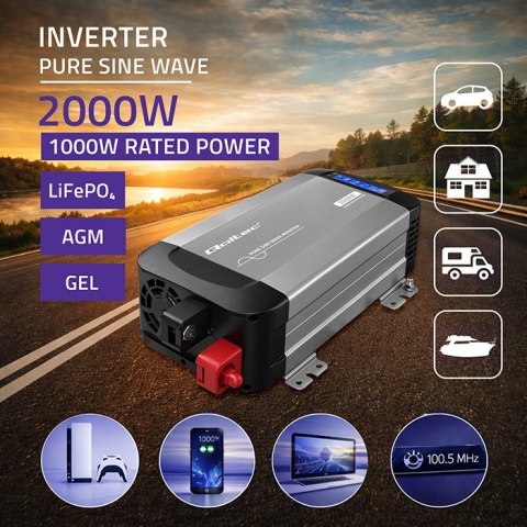 Qoltec Przetwornica napięcia Pure Sine Wave | 12V na 230V | 1000/2000W | LCD | USB | USB-C | Kompatybilna z LiFePO4 GEL AGM