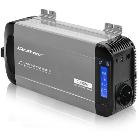 Qoltec Przetwornica napięcia Pure Sine Wave | 12V na 230V | 1000/2000W | LCD | USB | USB-C | Kompatybilna z LiFePO4 GEL AGM