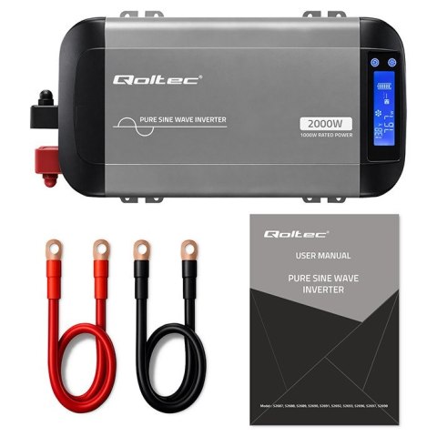 Qoltec Przetwornica napięcia Pure Sine Wave | 12V na 230V | 1000/2000W | LCD | USB | USB-C | Kompatybilna z LiFePO4 GEL AGM