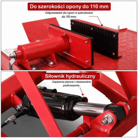 Hydrauliczny podnośnik nożycowy 360 kg do motocykli z rampą najazdową i blokadą koła