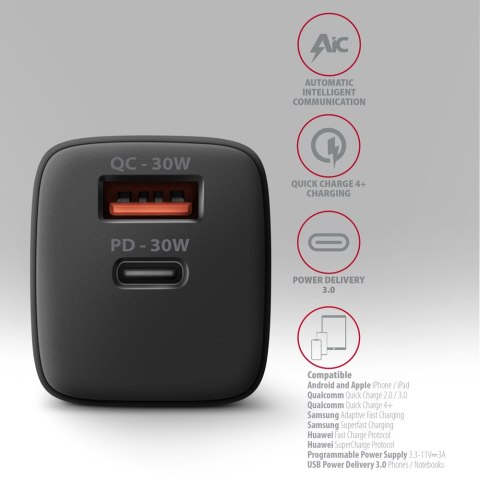 AXAGON AXAGON Sil wallcharger 2x port (USB-A + USB-C), 30W | ACU-PQ30