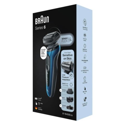Braun Series 6 61-B4500cs - Golarka foliowa - Niebieski - Przyciski - LED - Ładowanie - Zasilanie - AC/Bateria