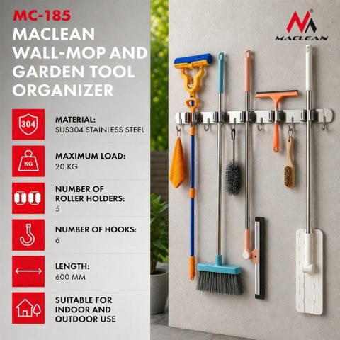 MACLEAN ŚCIENNY ORGANIZER NA NARZĘDZIA OGRODOWE ORAZ MOPY, STALOWY, Z HACZYKAMI, MAX. OBCIĄŻENIE 20KG, SZEROKOŚĆ 60CM MC-185