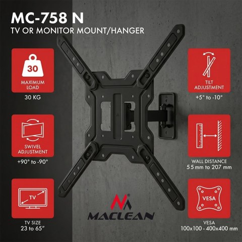 MACLEAN UCHWYT / WIESZAK DO TV LUB MONITORA, MAX. 23-65", MAX. OBCIĄŻENIE 30KG, UNIWERSALNY, MAX. VESA 400X400 MC-758 N