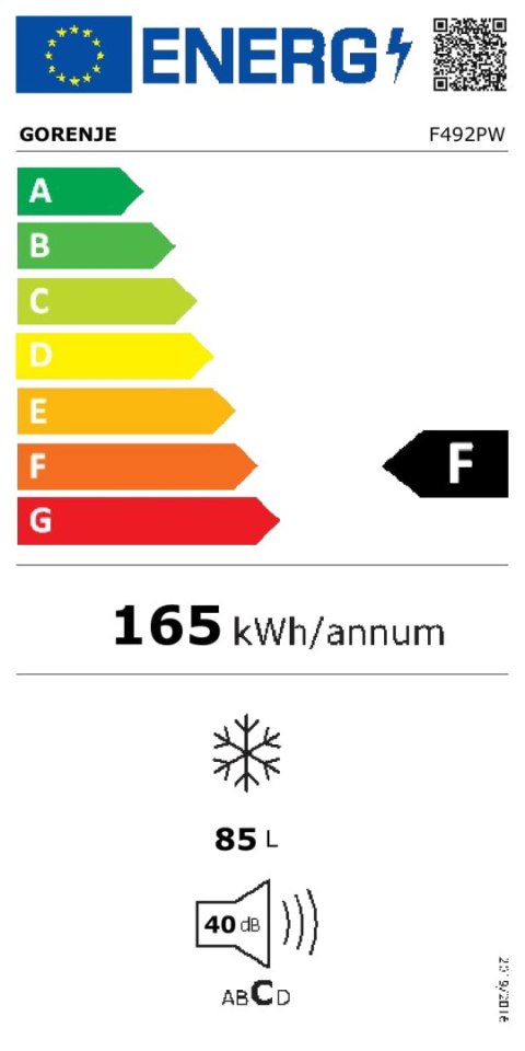 Gorenje Gorenje | Zamrażarka | F492PW | Klasa efektywności energetycznej F | Wolnostojąca | Wysokość 84,5 cm | Pojemność całkowita netto