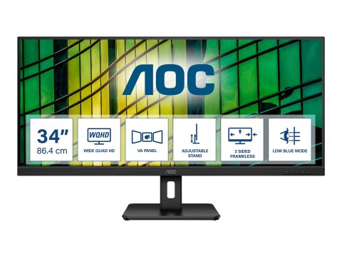 AOC AOC | Monitor | U34E2M | 34 " | VA | WQHD | 21:9 | 100 Hz | 4 ms | 3440 x 1440 | 300 cd/m² | Porty HDMI w liczbie 2 | Czarny