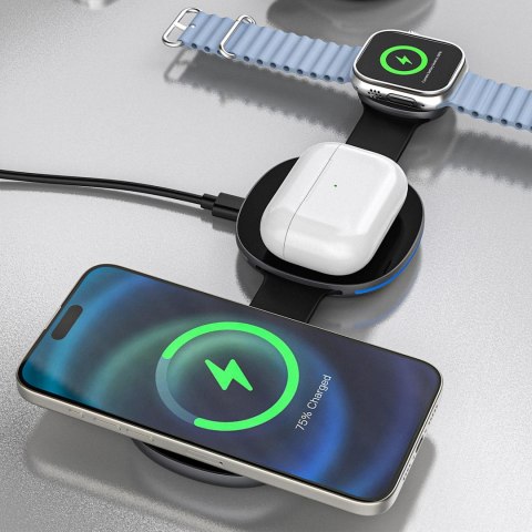 Ładowarka bezprzewodowa 3w1 na smartfon smartwatch słuchawki MagSafe - czarna